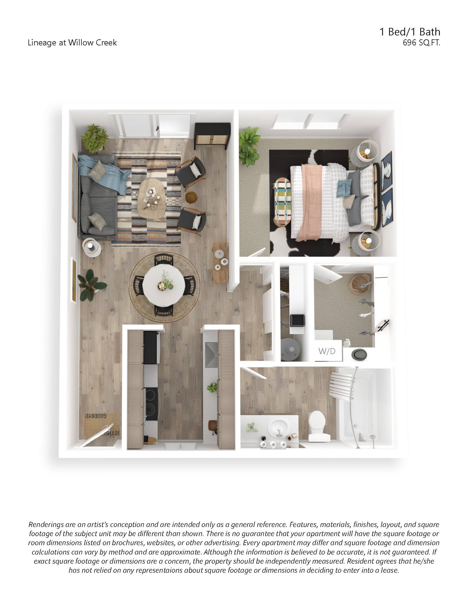Floor plan for 1 bed, 1 bath, 696 sqft